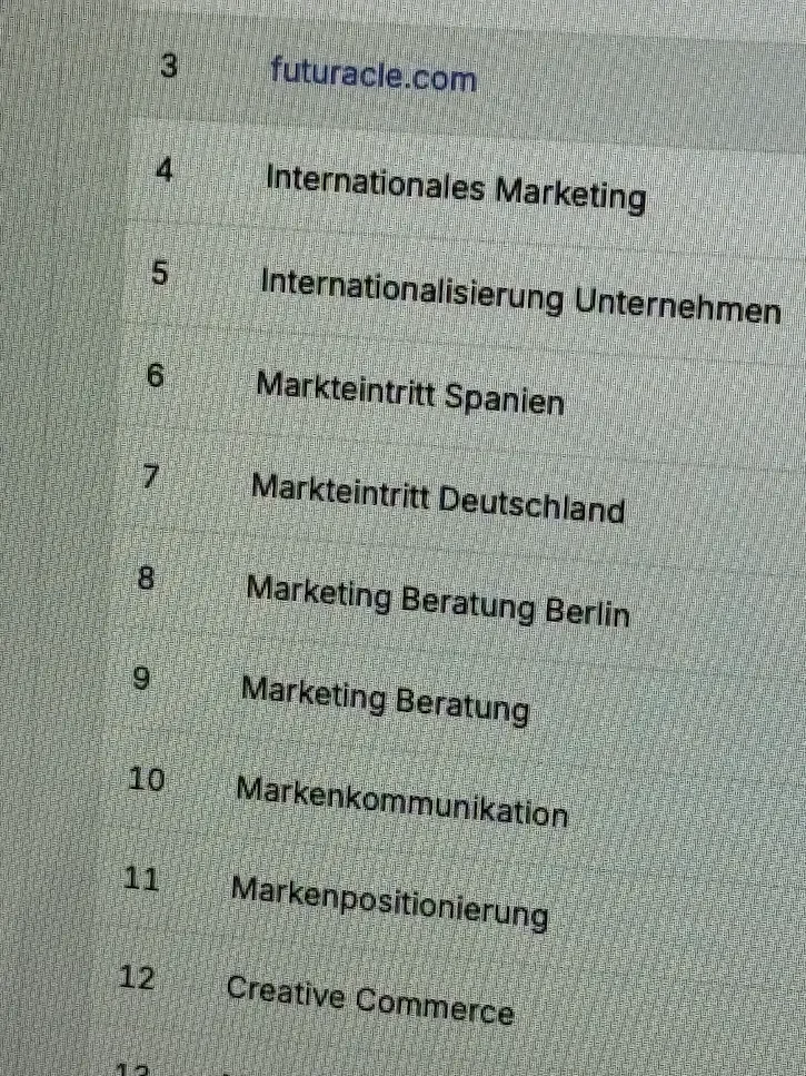 Detailaufnahme des Futuracle Keyword Research mit Begriffen zu internationalem Marketing und Markteintritt