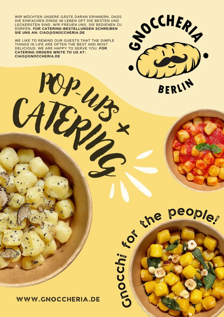 Kampagnenmotiv von Gnoccheria Berlin mit drei Gnocchi-Gerichten, Logo und zweisprachiger Catering-Kommunikation