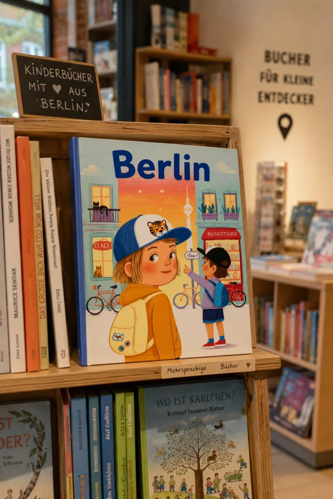 Visualisierung eines illustrierten Berlin-Kinderbuchs in einer Berliner Buchhandlung