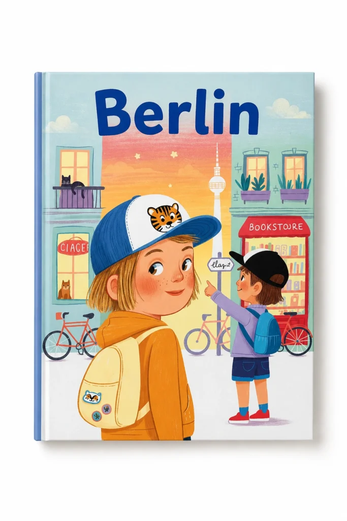 Illustriertes Kinderbuchcover mit zwei Kindern und Berliner Stadtmotiven