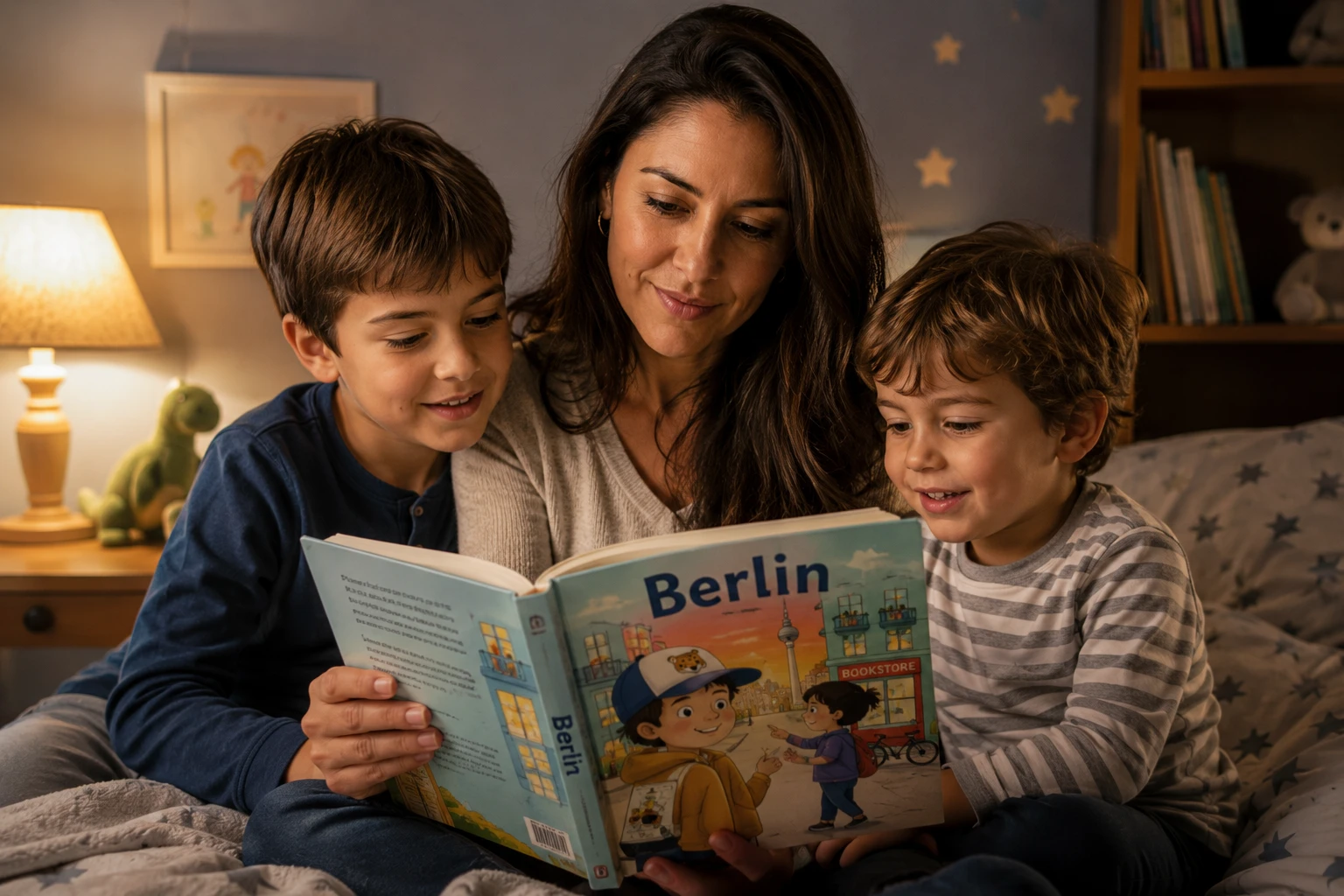 Mutter liest gemeinsam mit zwei Kindern ein illustriertes Berlin-Kinderbuch